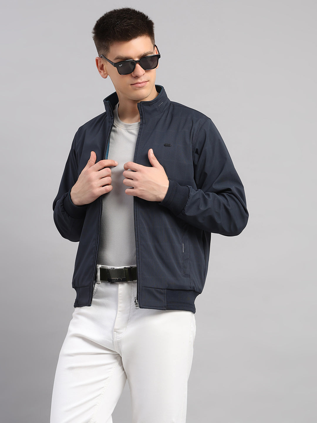 Men Navy Blue Solid Collar Full Sleeve Reversible Jacket