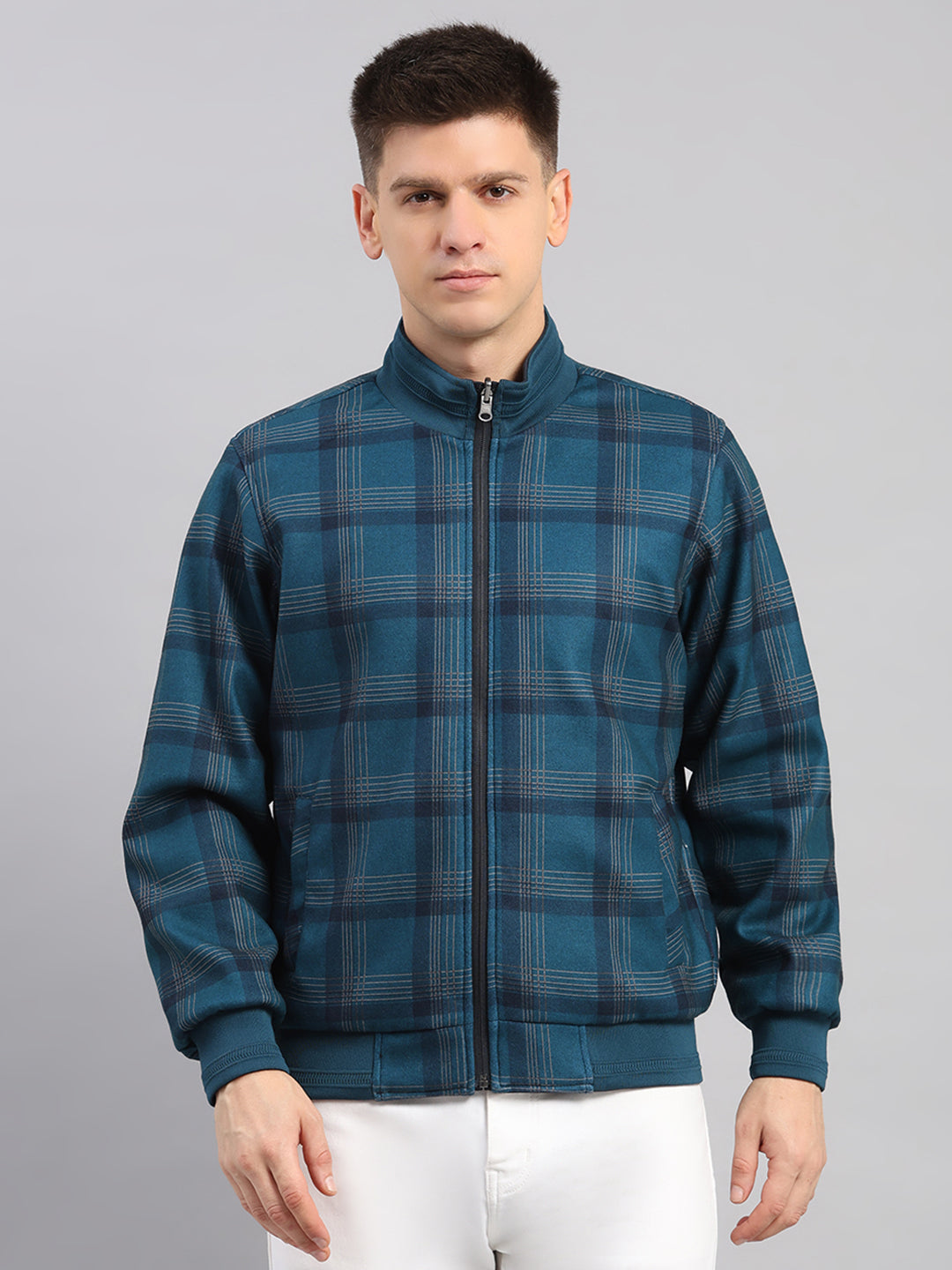 Men Navy Blue Solid Collar Full Sleeve Reversible Jacket