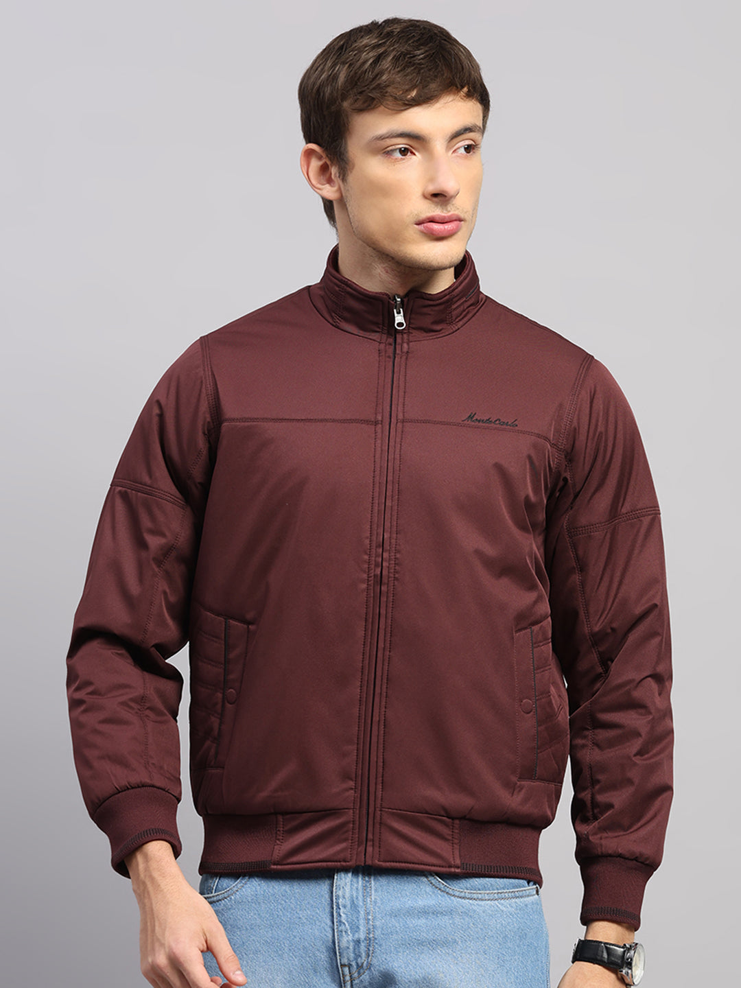 Men Burgundy Solid Collar Full Sleeve Jacket