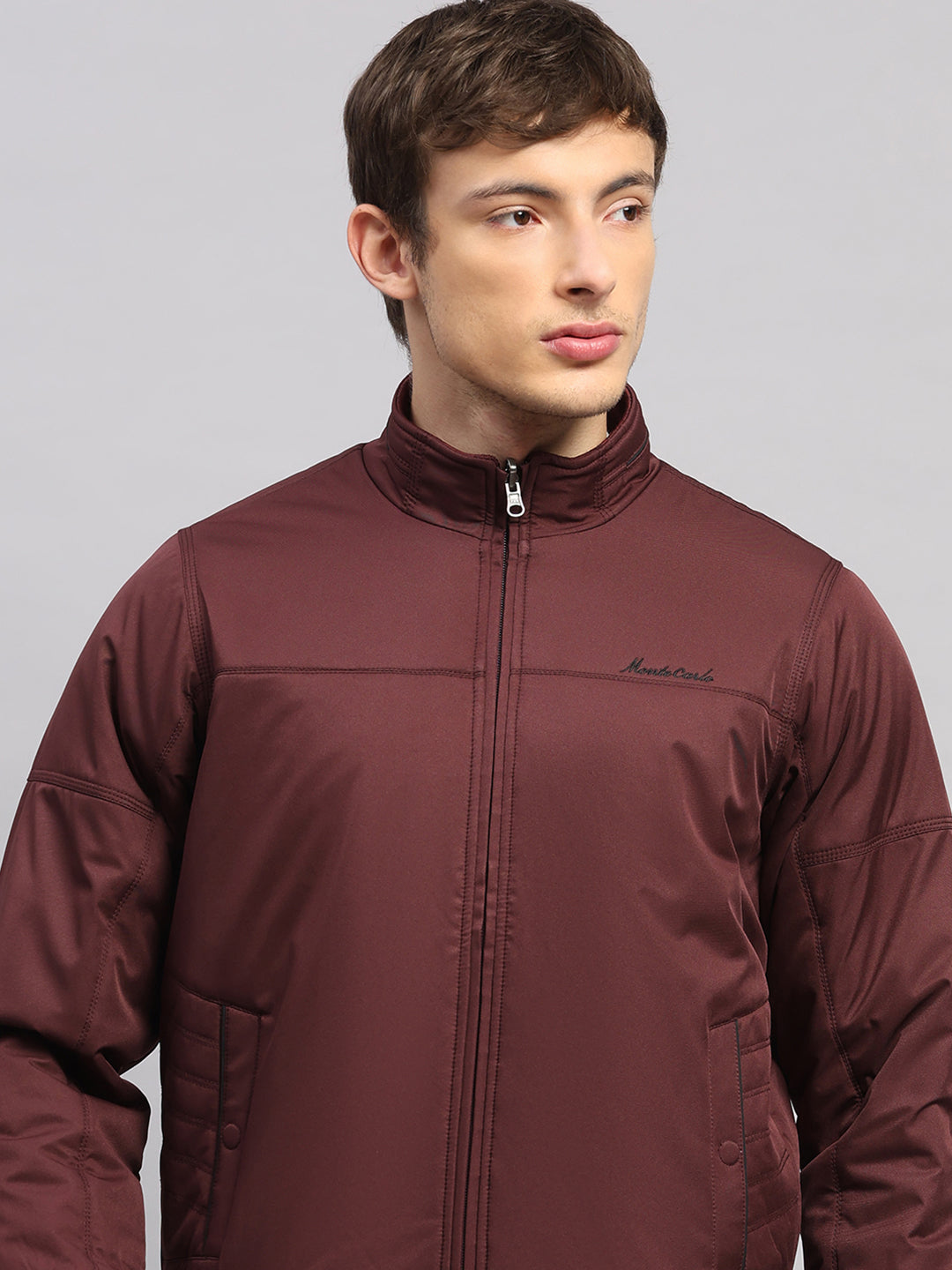 Men Burgundy Solid Collar Full Sleeve Jacket
