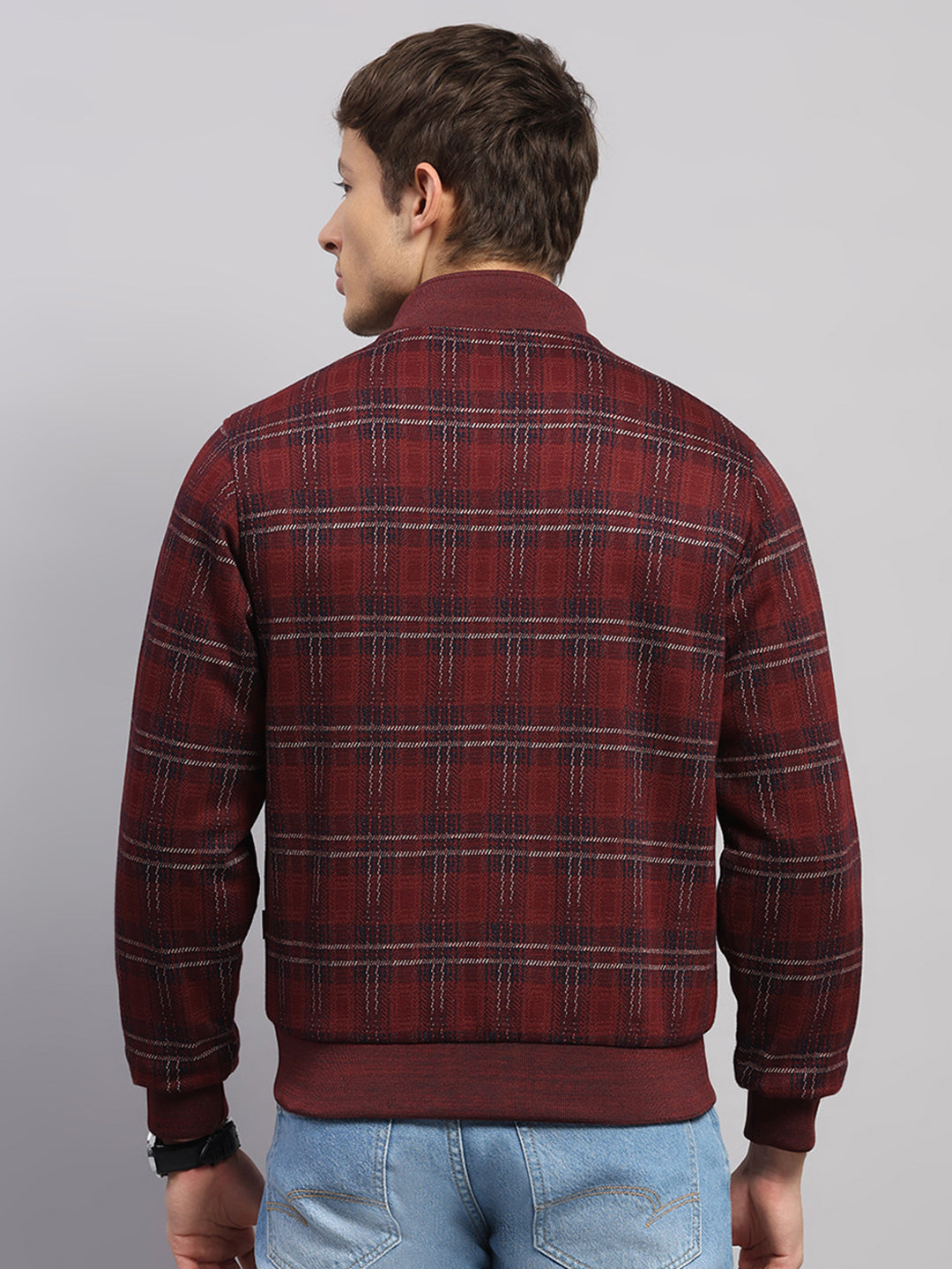 Men Burgundy Solid Collar Full Sleeve Jacket
