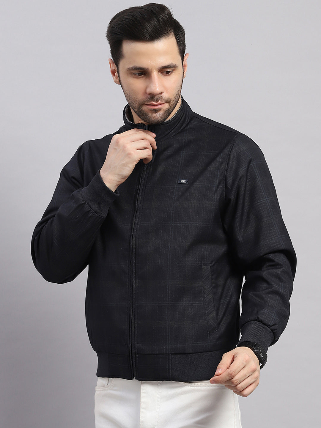 Men Navy Blue Solid Collar Full Sleeve Reversible Jacket