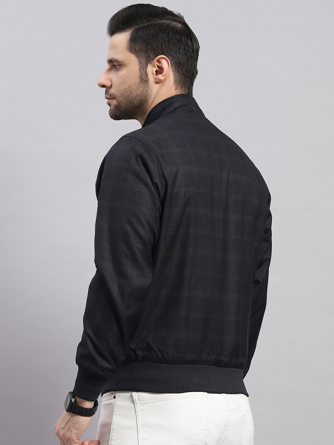 Men Navy Blue Solid Collar Full Sleeve Reversible Jacket