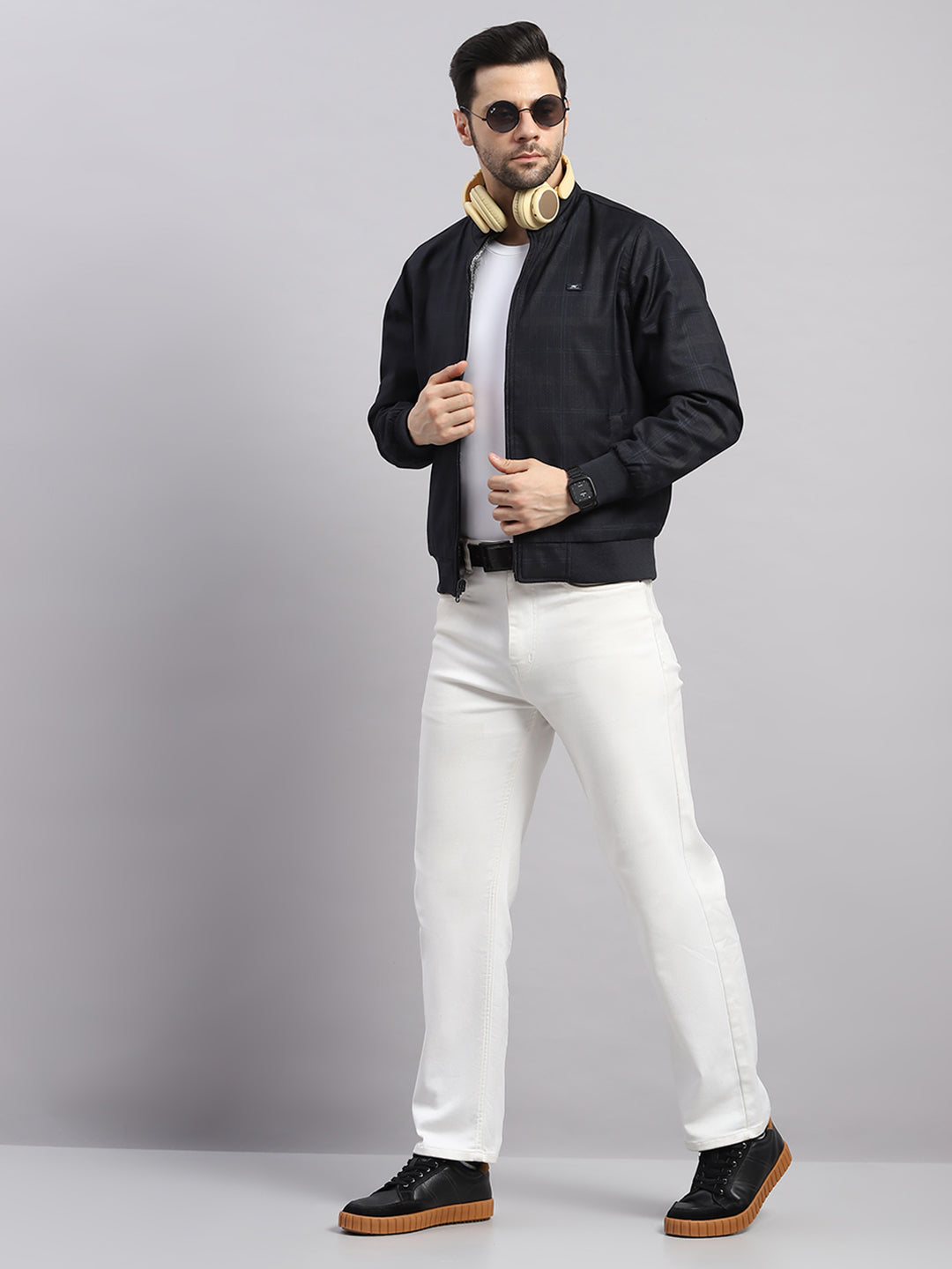 Men Navy Blue Solid Collar Full Sleeve Reversible Jacket