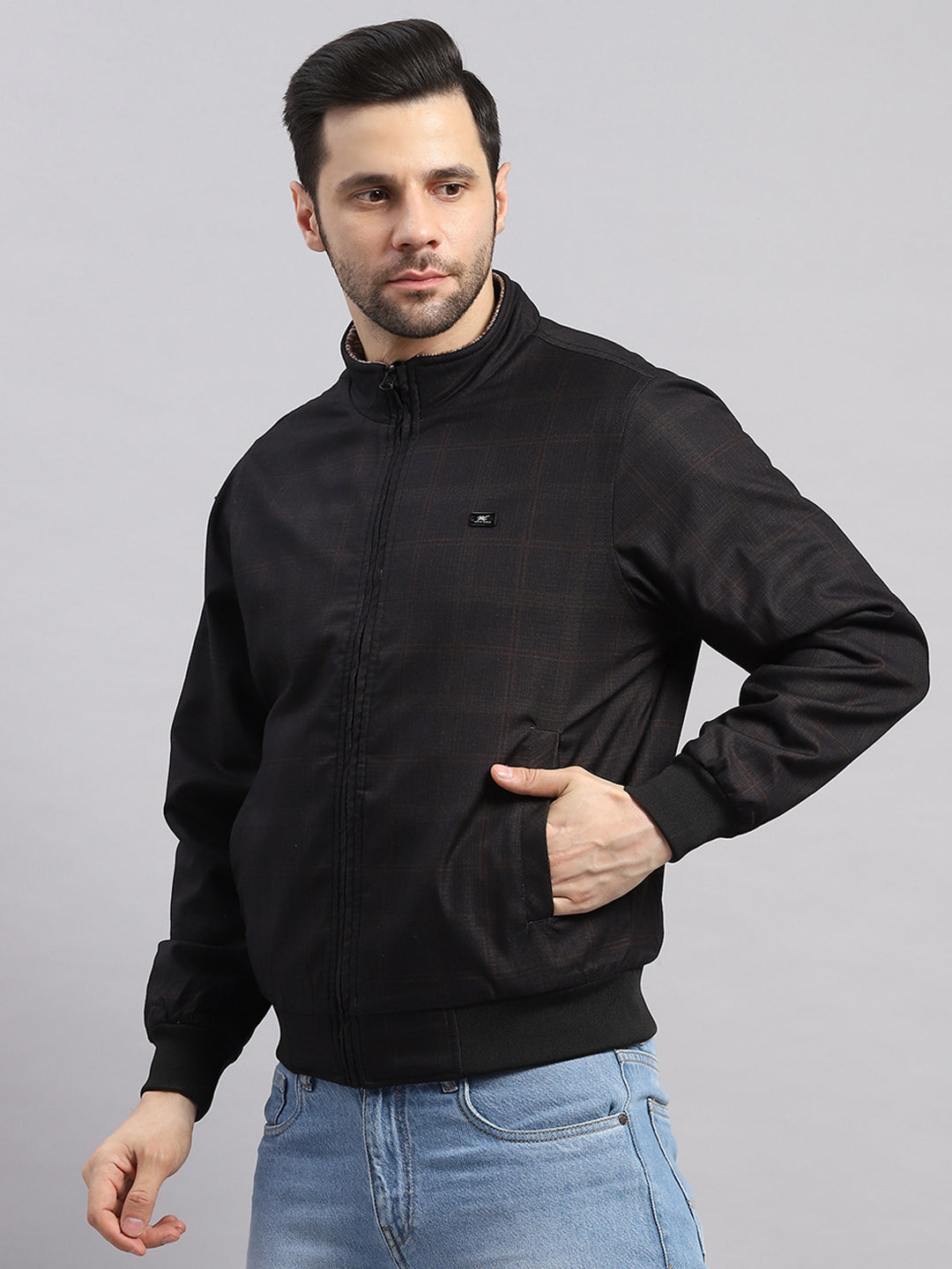 Men Black Solid Collar Full Sleeve Reversible Jacket