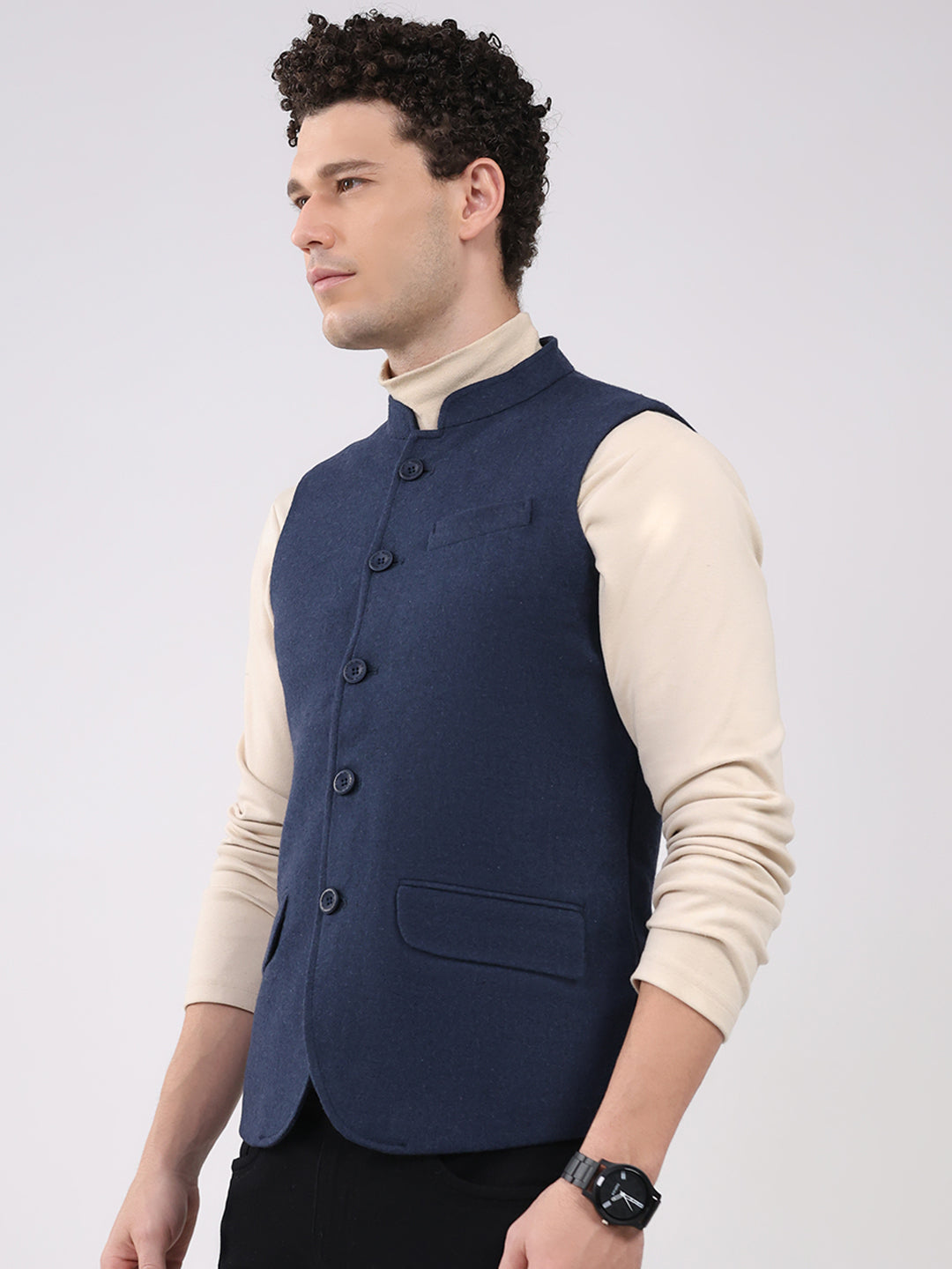 Men Blue Solid Collar Sleeveless Jacket