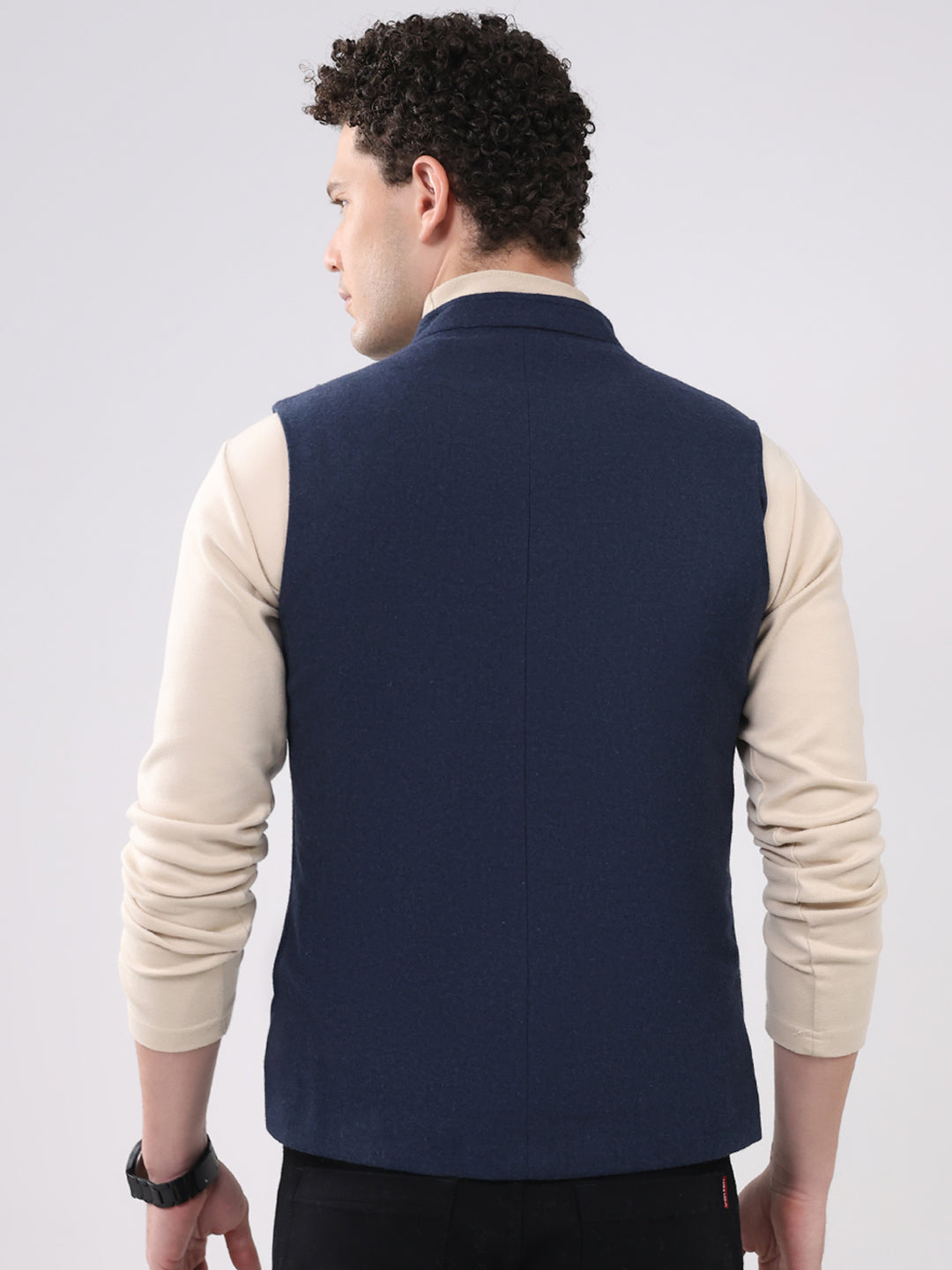 Men Blue Solid Collar Sleeveless Jacket