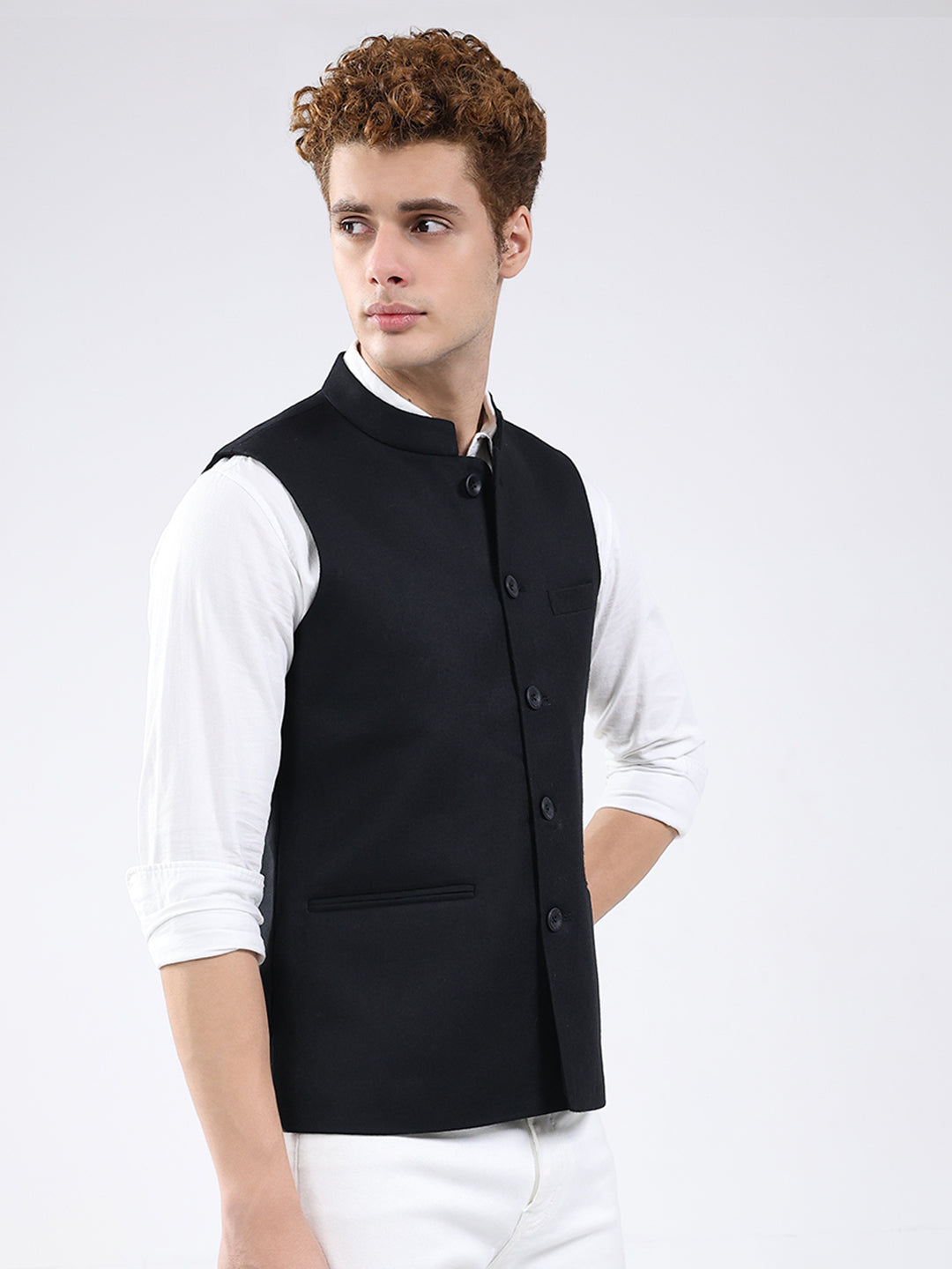 Men Black Solid Band Neck Sleeveless Jacket