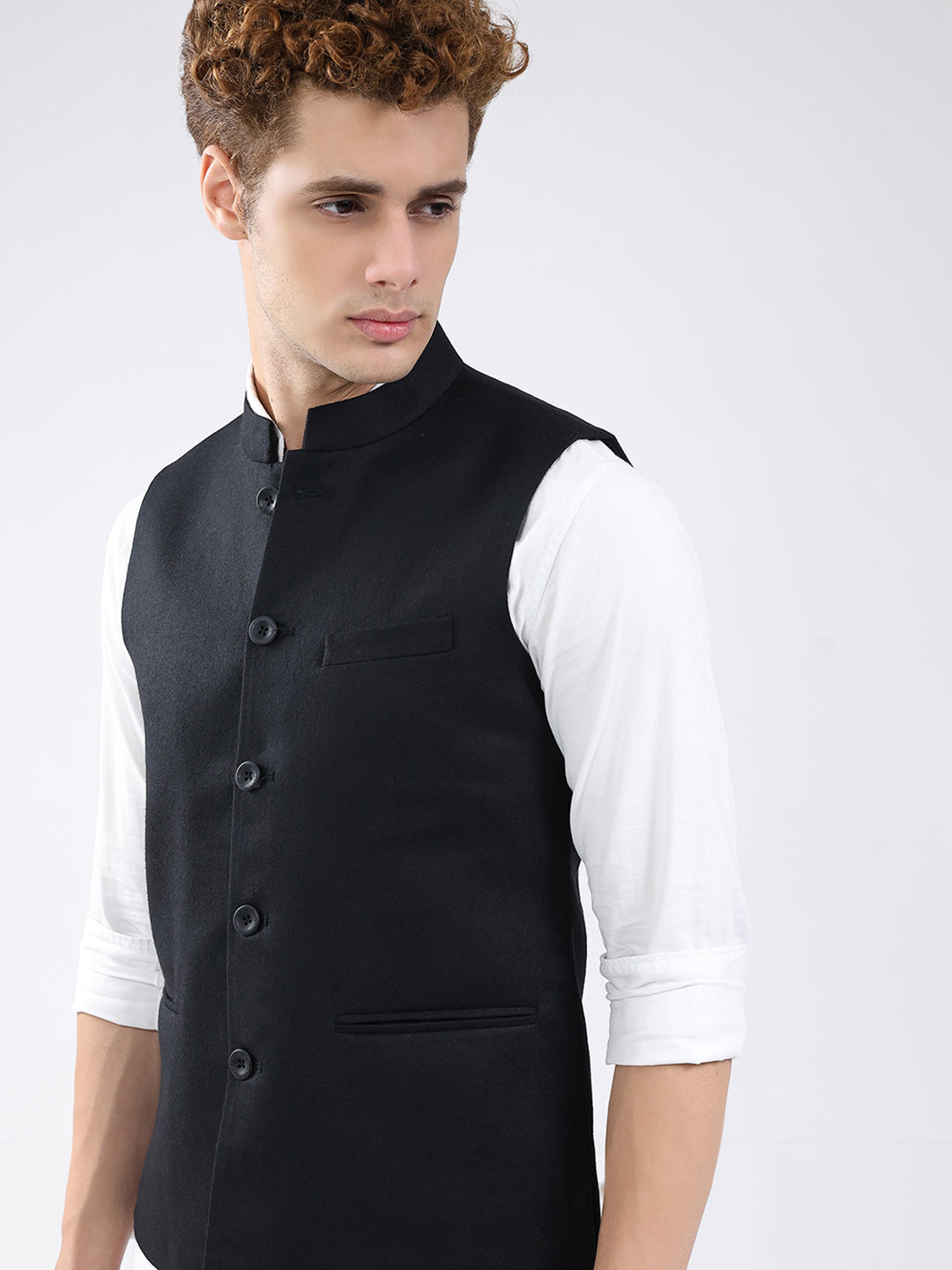 Men Black Solid Band Neck Sleeveless Jacket