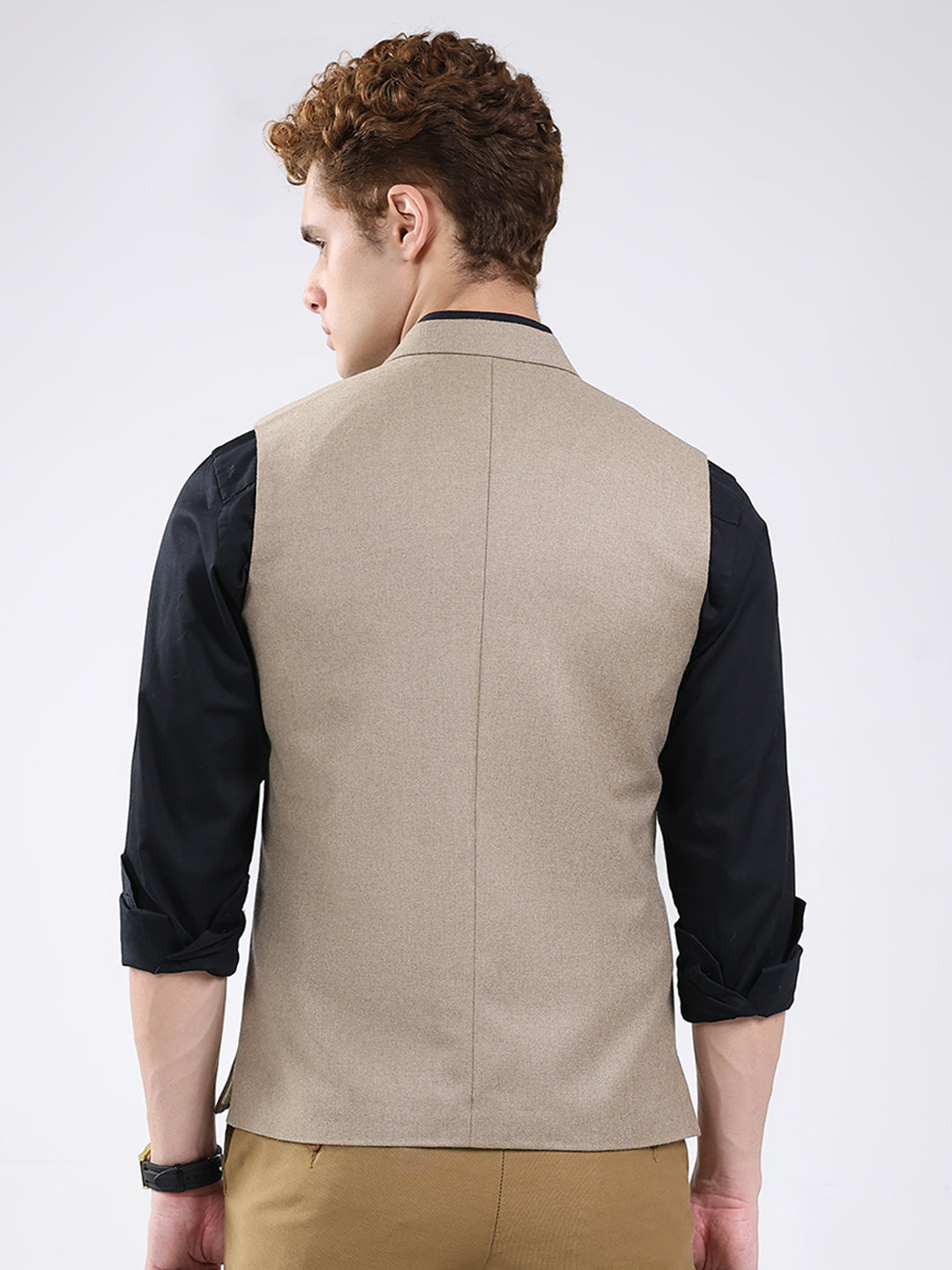 Men Beige Solid Band Neck Sleeveless Jacket