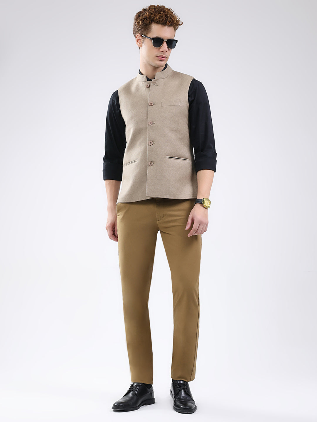 Men Beige Solid Band Neck Sleeveless Jacket