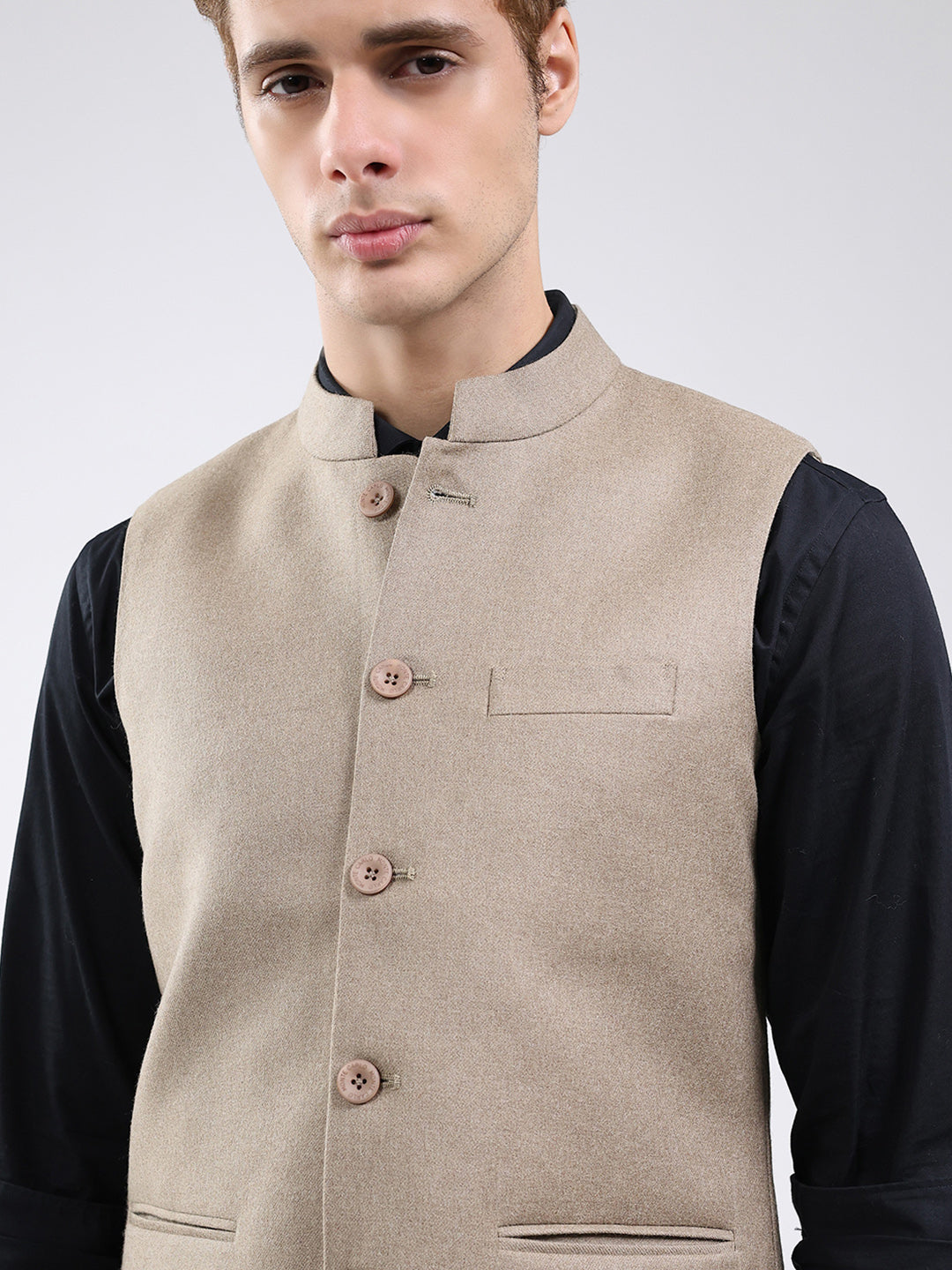 Men Beige Solid Band Neck Sleeveless Jacket