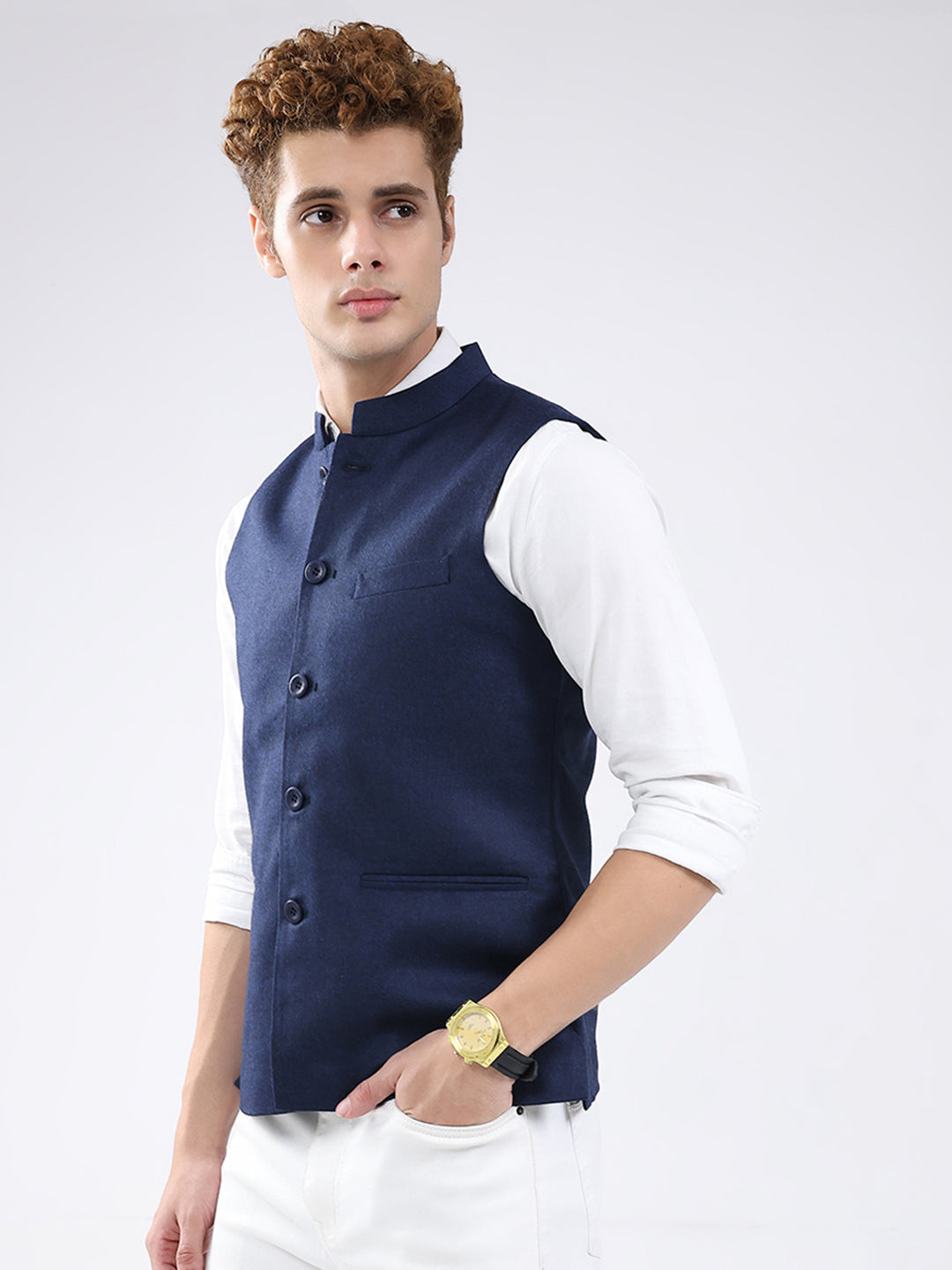 Men Blue Solid Band Neck Sleeveless Jacket
