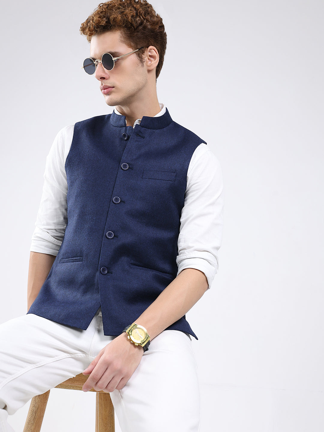 Men Blue Solid Band Neck Sleeveless Jacket