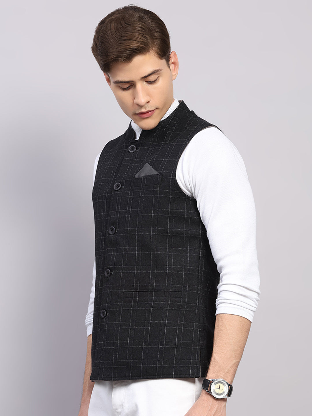 Men Black Check Collar Sleeveless Reversible Nehru Jacket