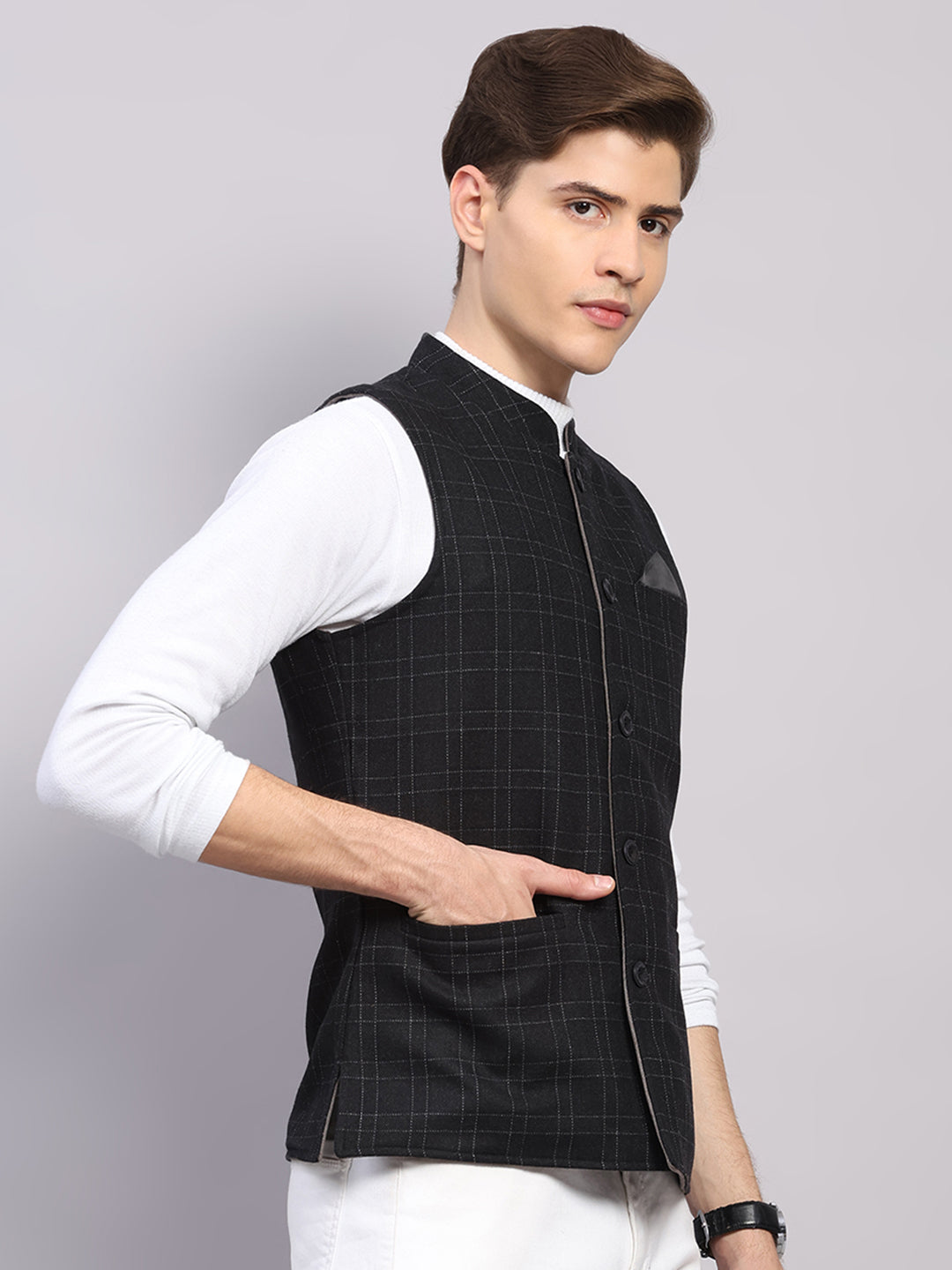 Men Black Check Collar Sleeveless Reversible Nehru Jacket