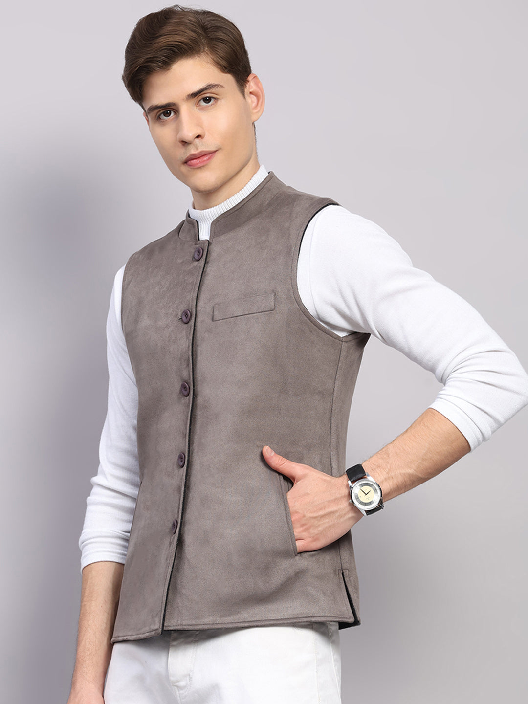 Men Black Check Collar Sleeveless Reversible Nehru Jacket