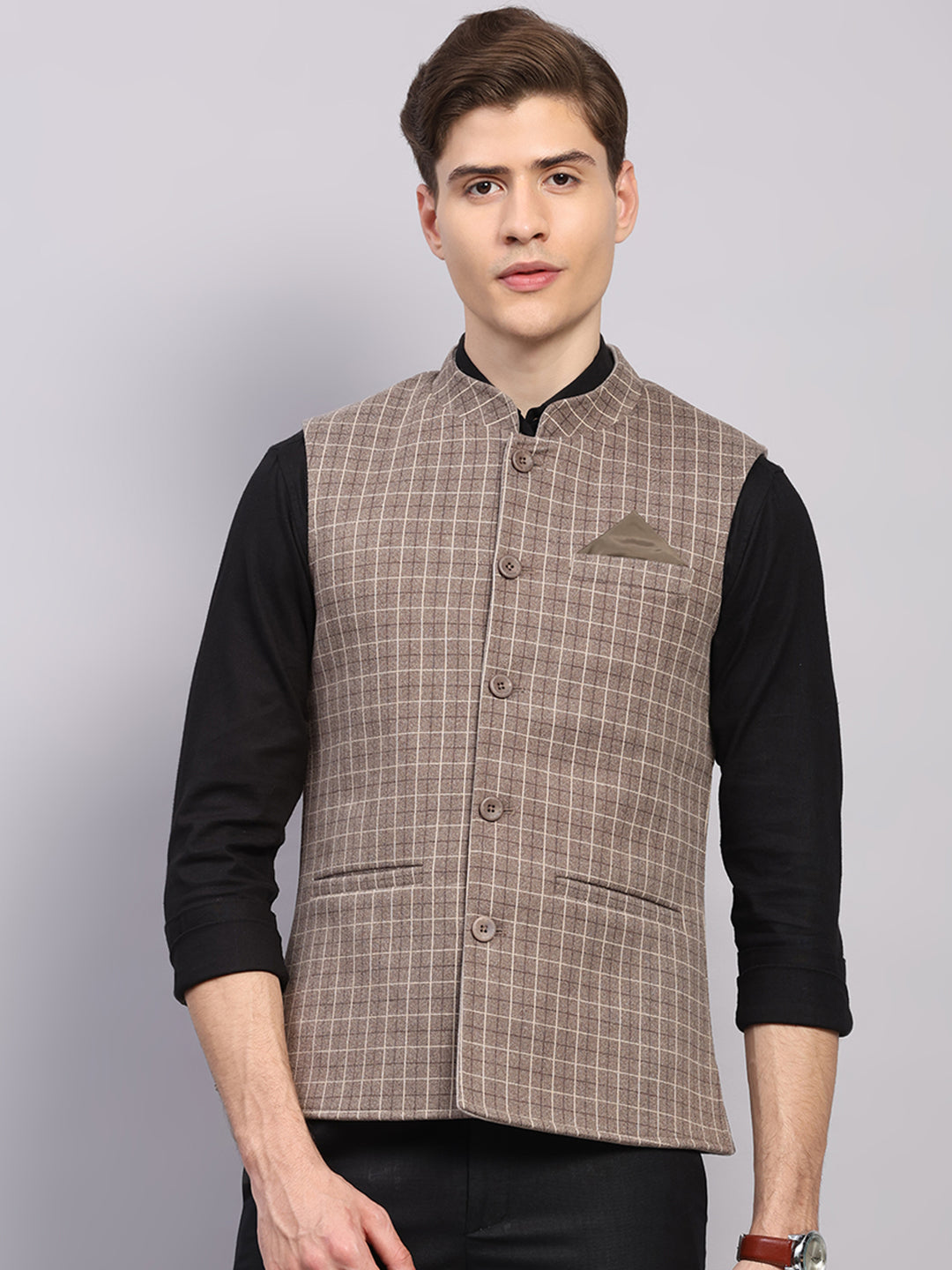 Men Beige Check Collar Sleeveless Reversible Nehru Jacket