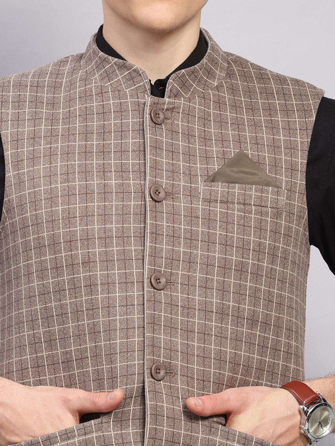 Men Beige Check Collar Sleeveless Nehru Jacket