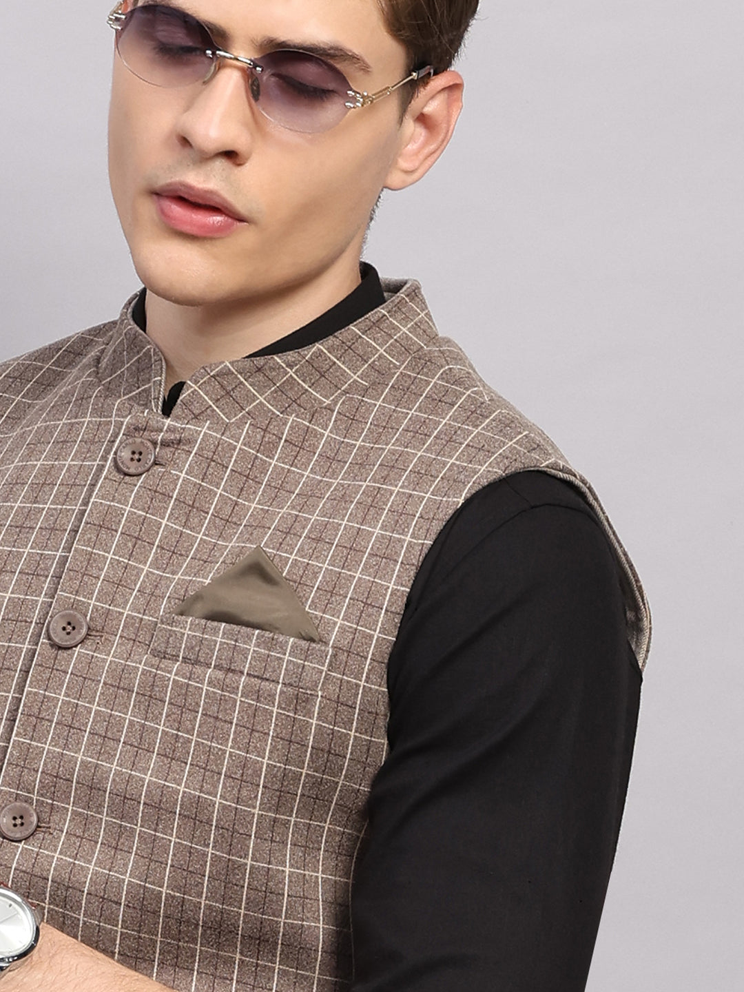 Men Beige Check Collar Sleeveless Nehru Jacket