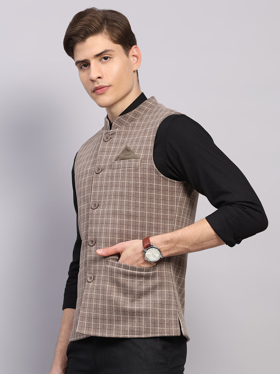 Men Beige Check Collar Sleeveless Nehru Jacket