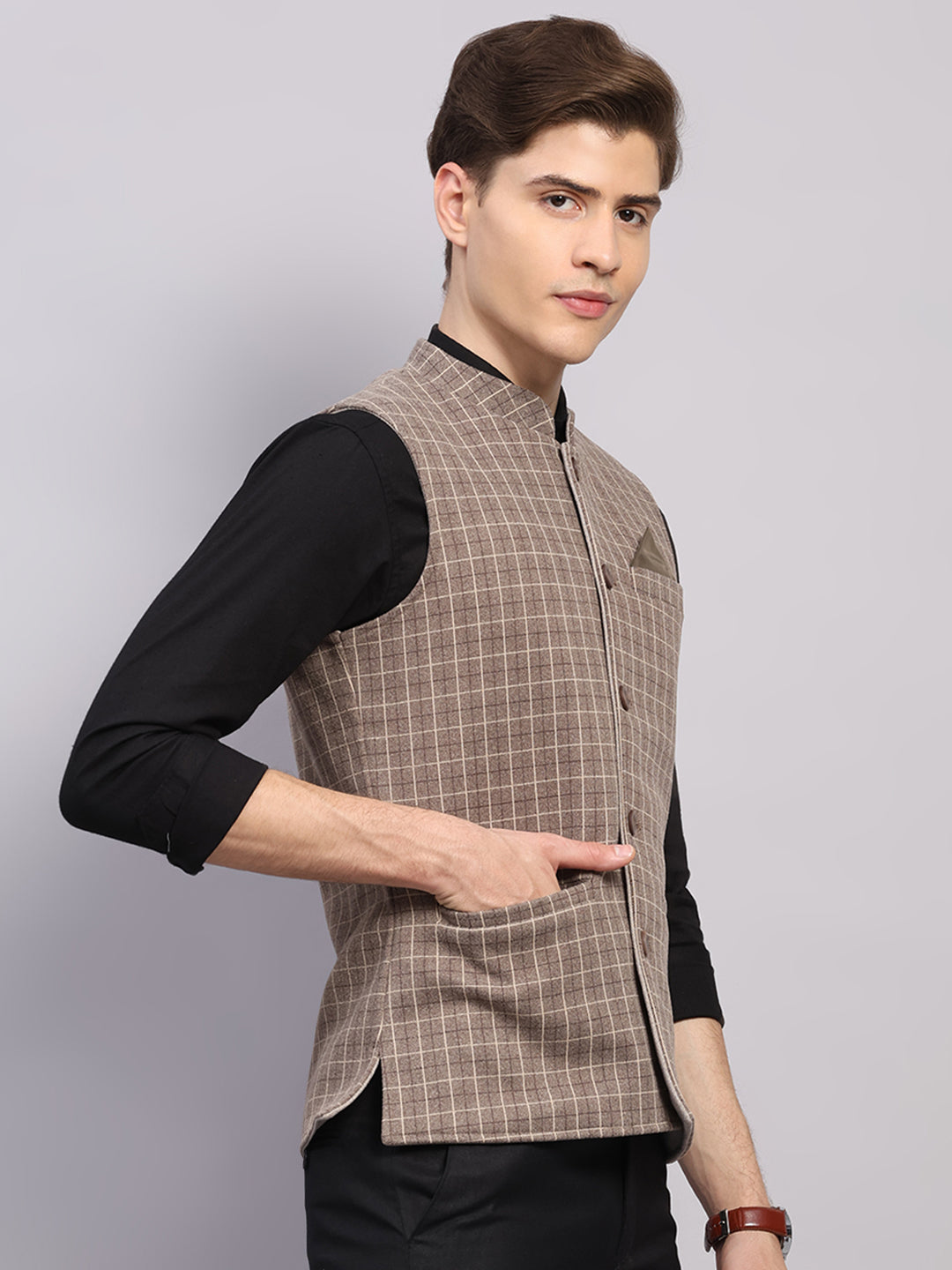 Men Beige Check Collar Sleeveless Nehru Jacket