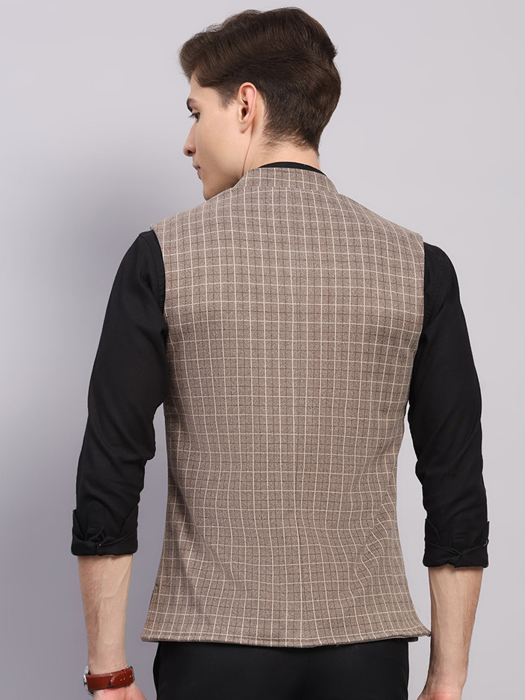 Men Beige Check Collar Sleeveless Nehru Jacket