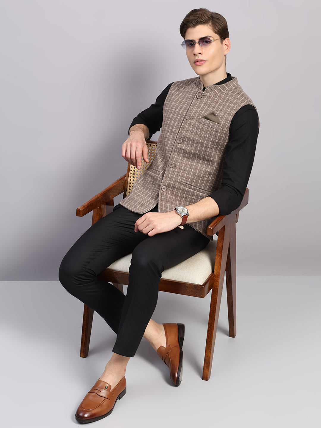 Men Beige Check Collar Sleeveless Nehru Jacket