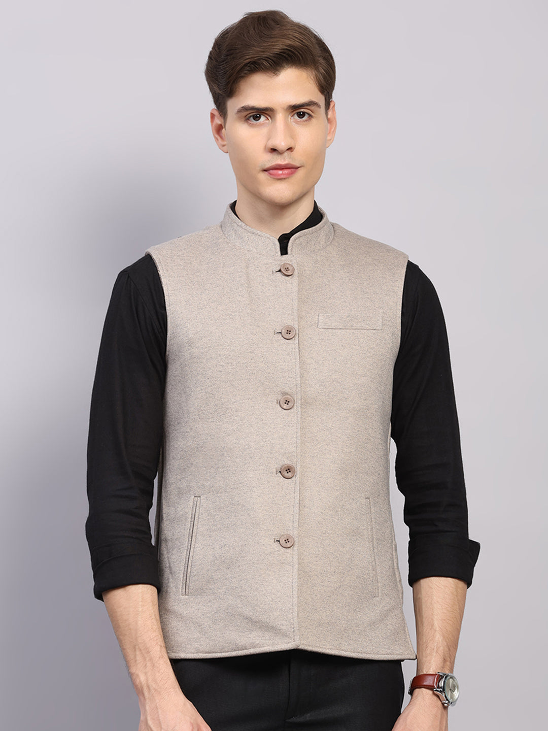 Men Beige Check Collar Sleeveless Nehru Jacket