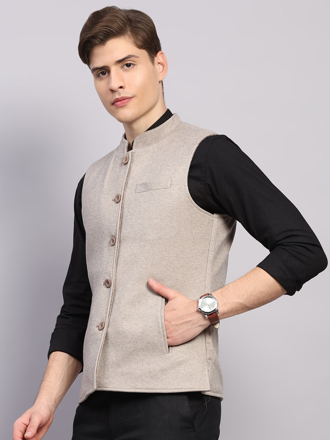 Men Beige Check Collar Sleeveless Nehru Jacket