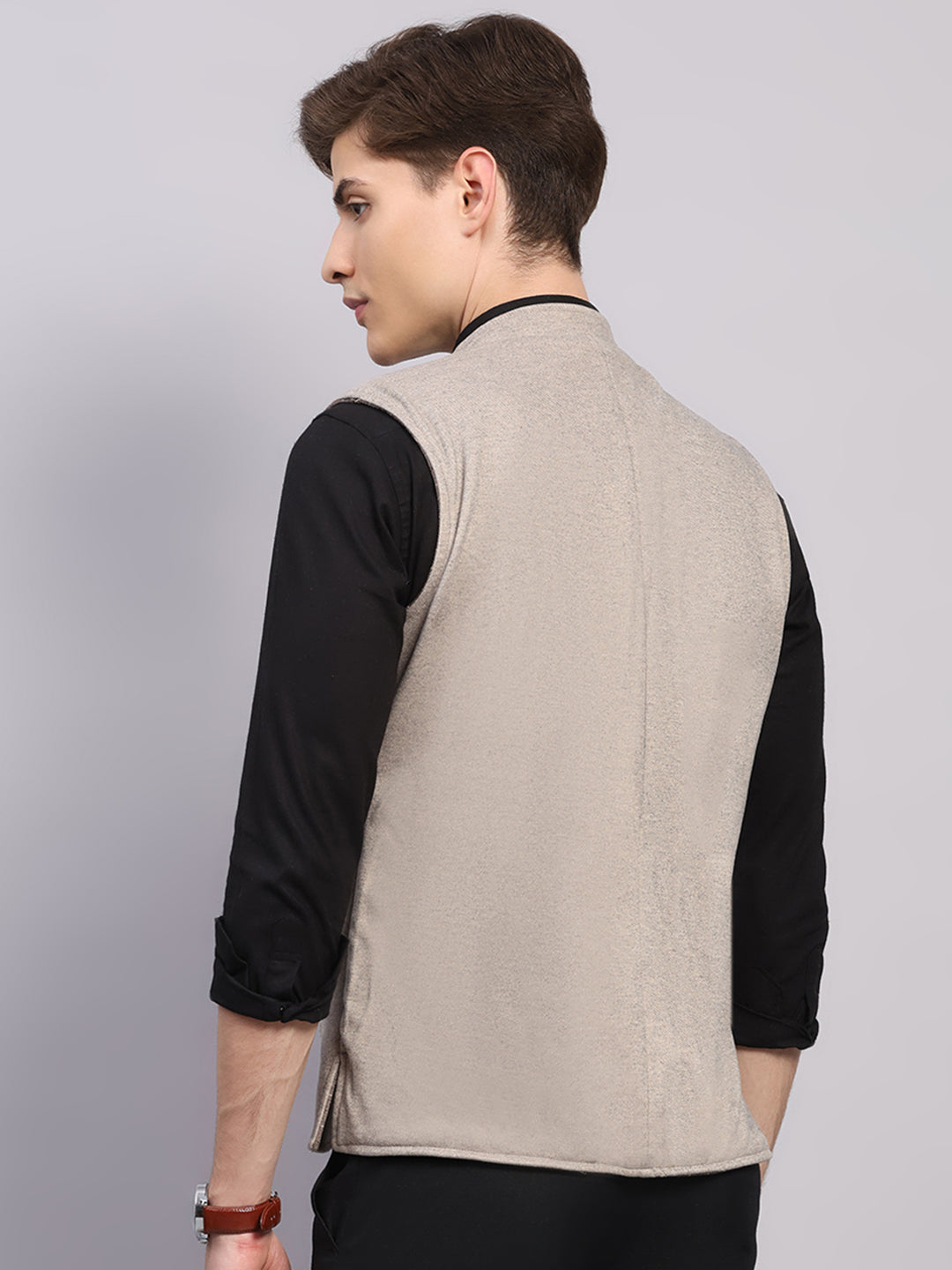 Men Beige Check Collar Sleeveless Nehru Jacket