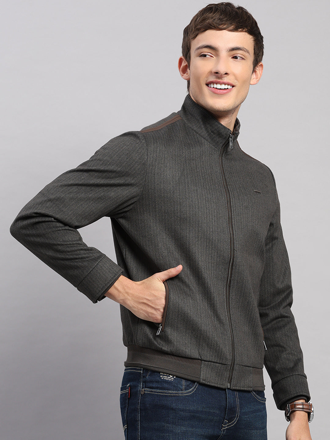 Men Brown Stripe Stand Collar Full Sleeve Jacket