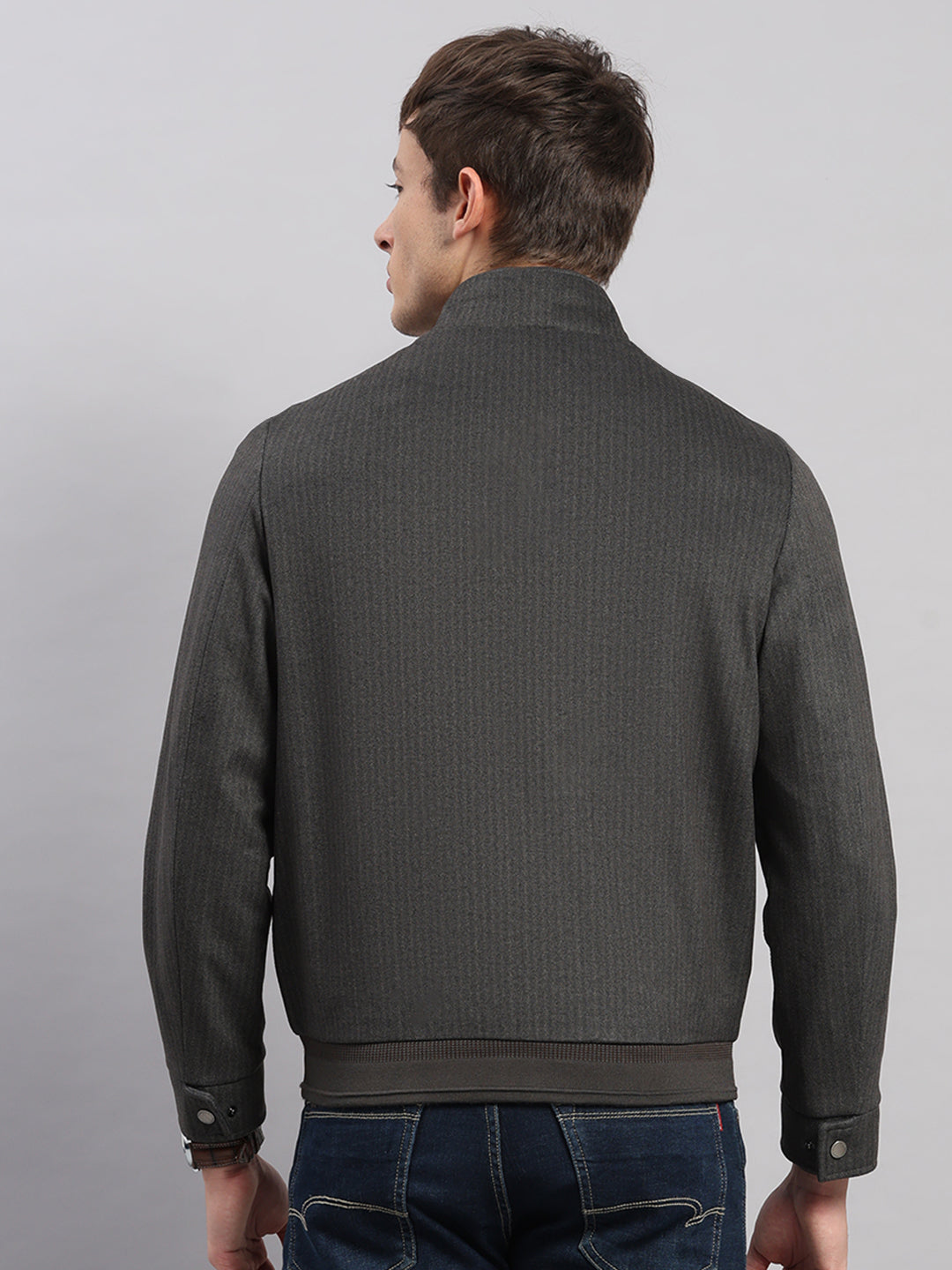 Men Brown Stripe Stand Collar Full Sleeve Jacket