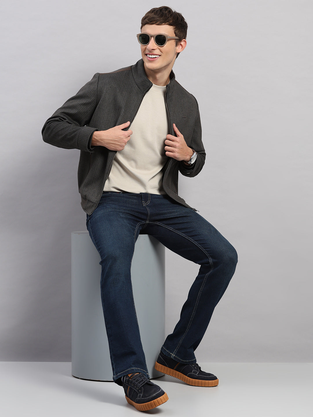 Men Brown Stripe Stand Collar Full Sleeve Jacket