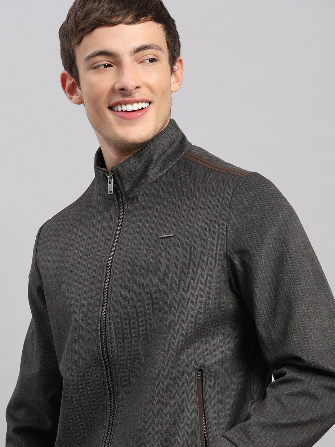 Men Brown Stripe Stand Collar Full Sleeve Jacket