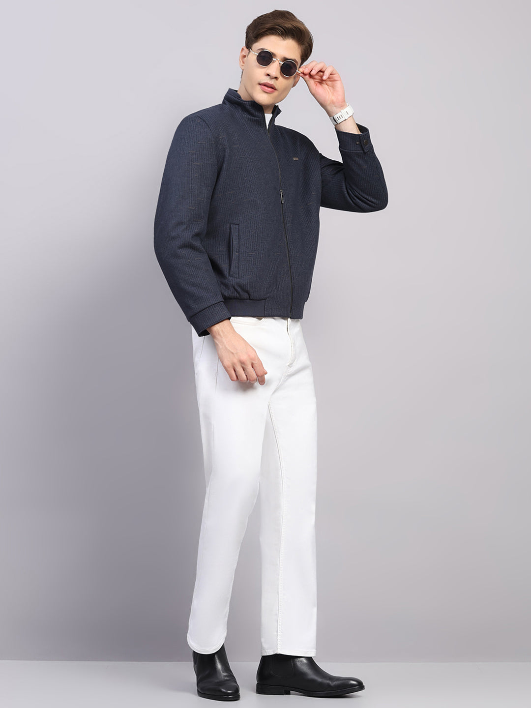 Men Blue Printed Mock Neck Full Sleeve Jacket