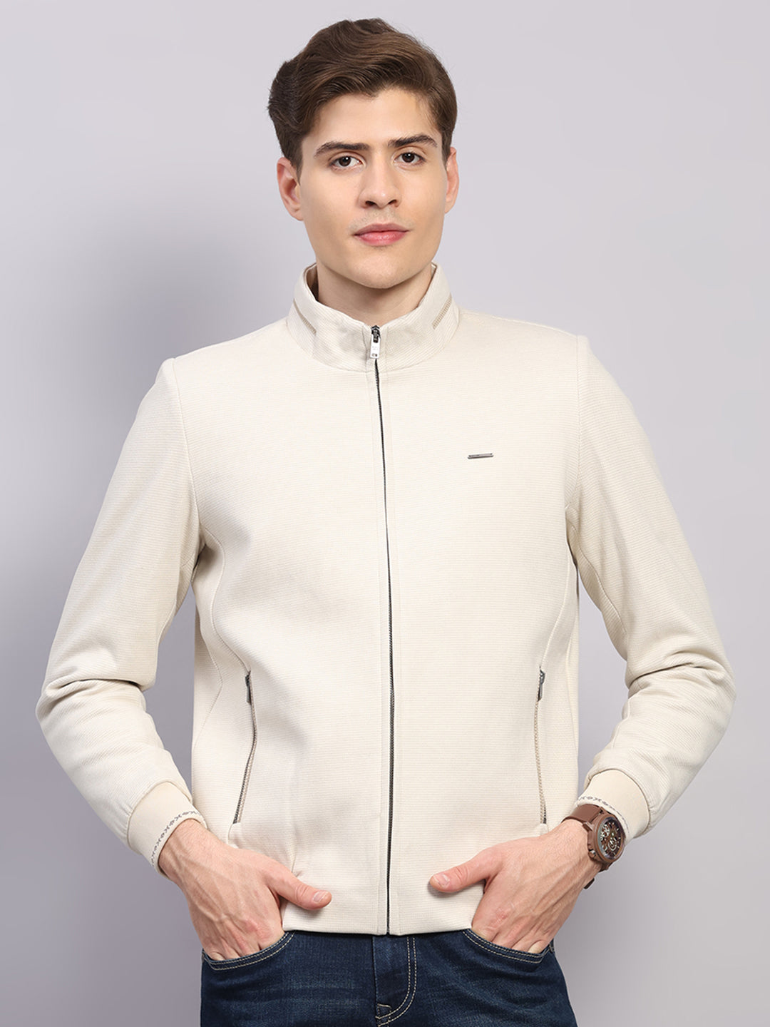 Men Off White Solid Mock Neck Full Sleeve Jacket