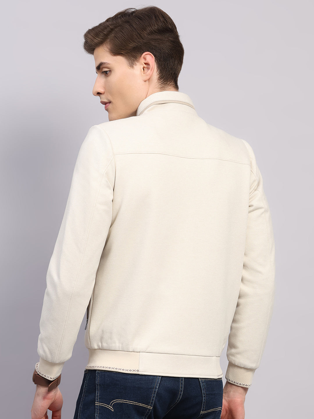Men Off White Solid Mock Neck Full Sleeve Jacket