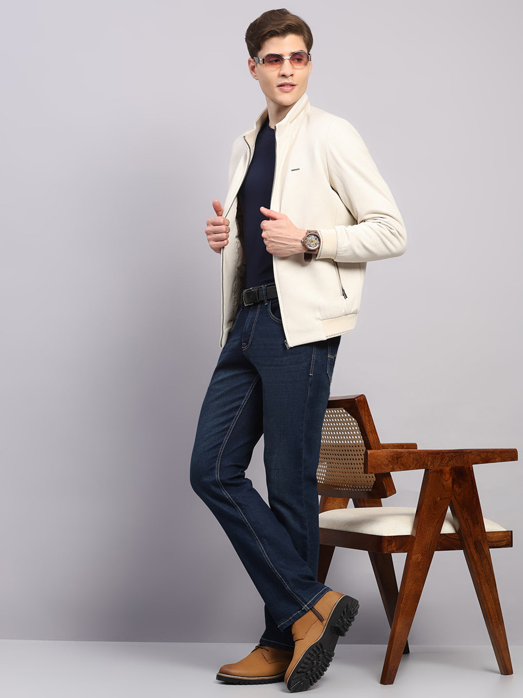 Men Off White Solid Mock Neck Full Sleeve Jacket