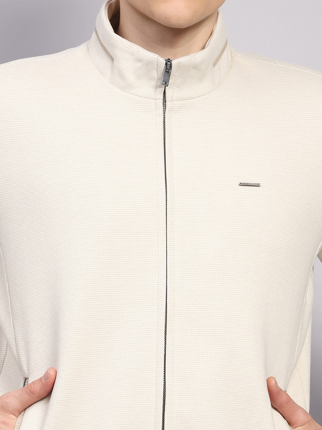 Men Off White Solid Mock Neck Full Sleeve Jacket