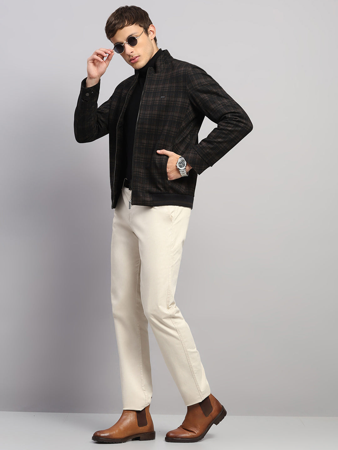 Men Brown Check Mock Neck Full Sleeve Jacket
