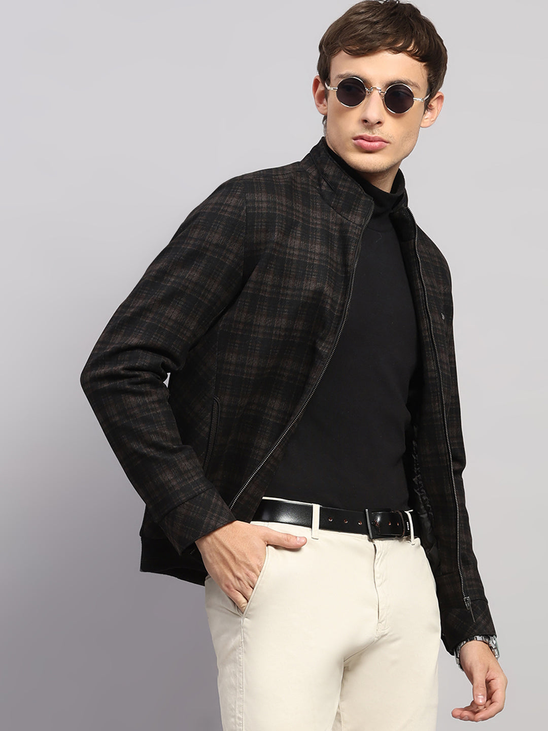 Men Brown Check Mock Neck Full Sleeve Jacket