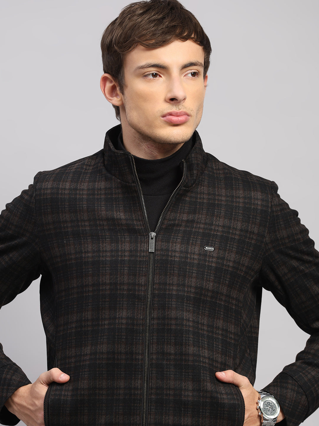 Men Brown Check Mock Neck Full Sleeve Jacket