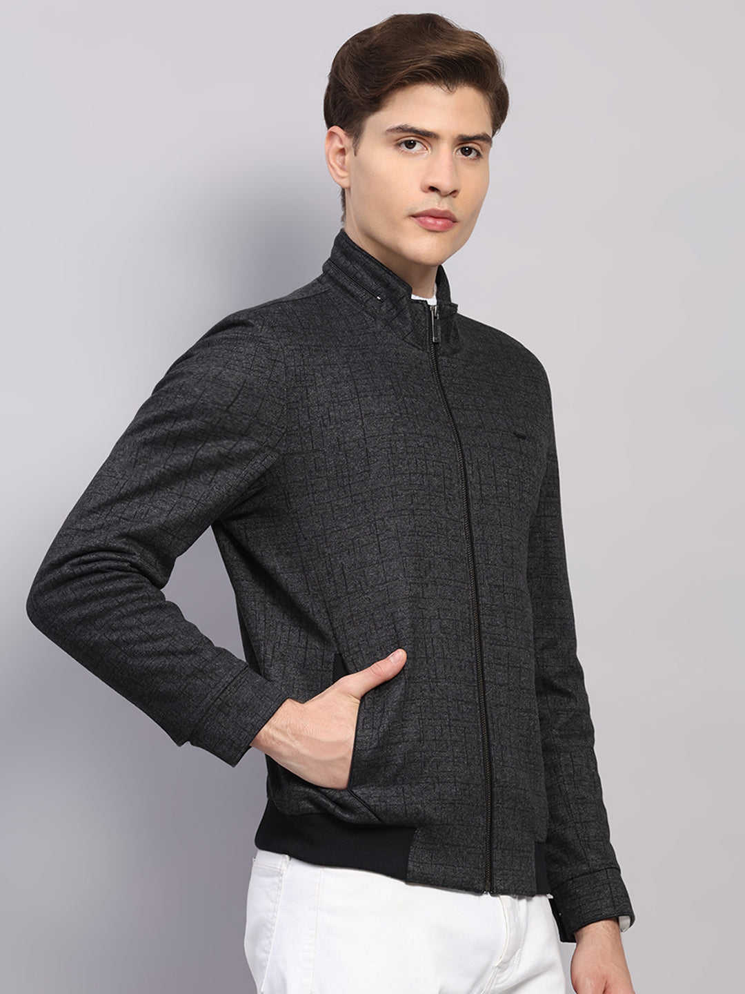 Men Black Solid Mock Neck Full Sleeve Jacket