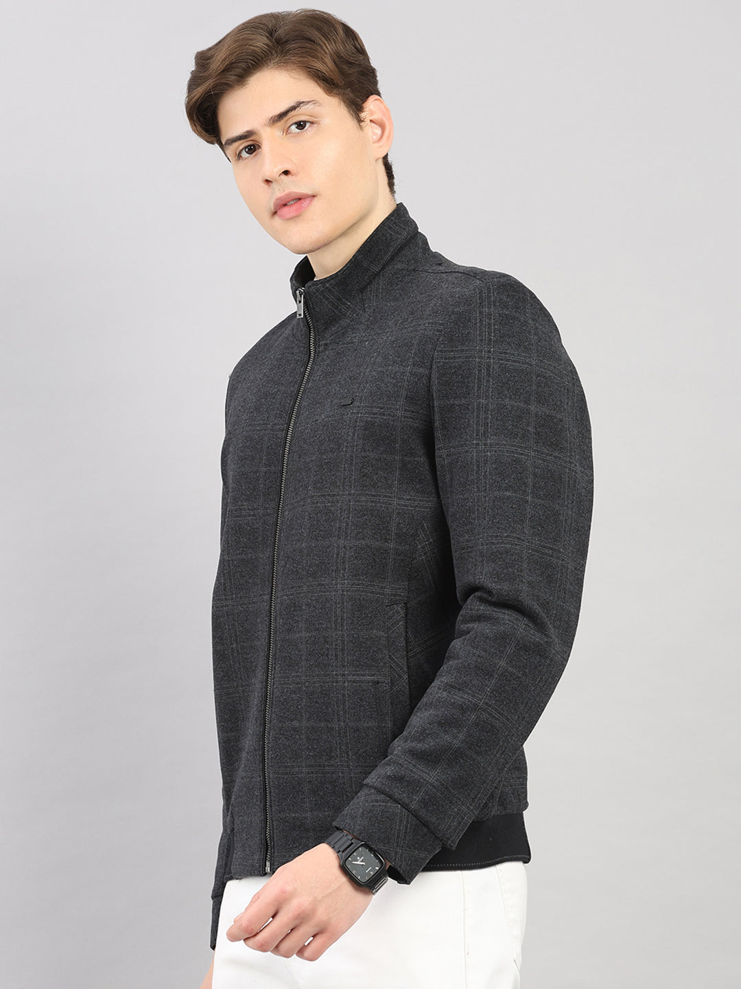 Men Charcoal Check Stand Collar Full Sleeve Jacket