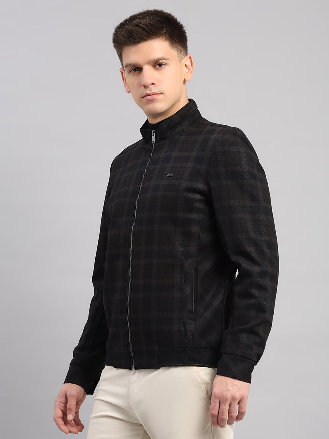 Men Navy Blue Check Mandarin Neck Full Sleeve Jacket