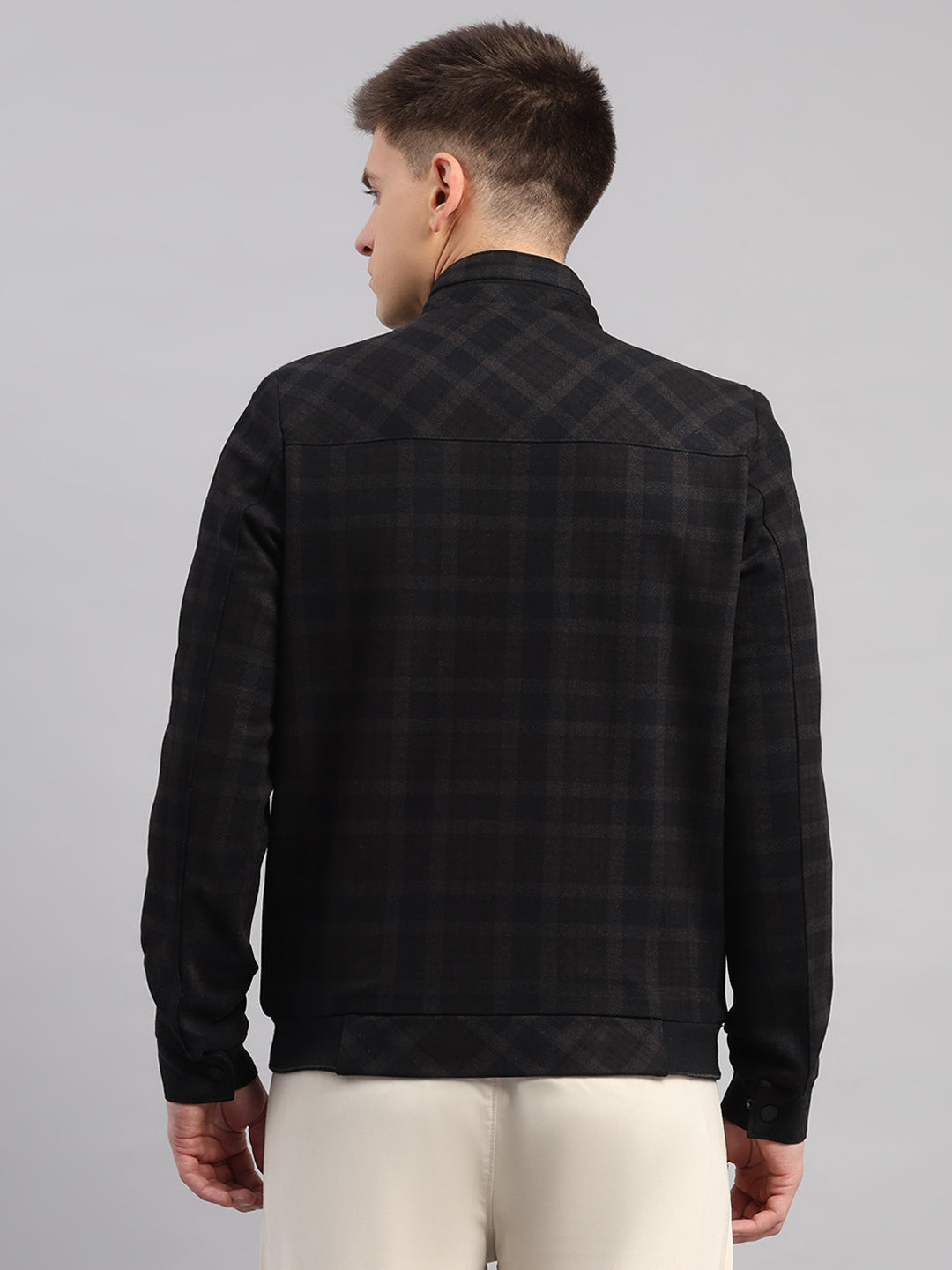 Men Navy Blue Check Mandarin Neck Full Sleeve Jacket
