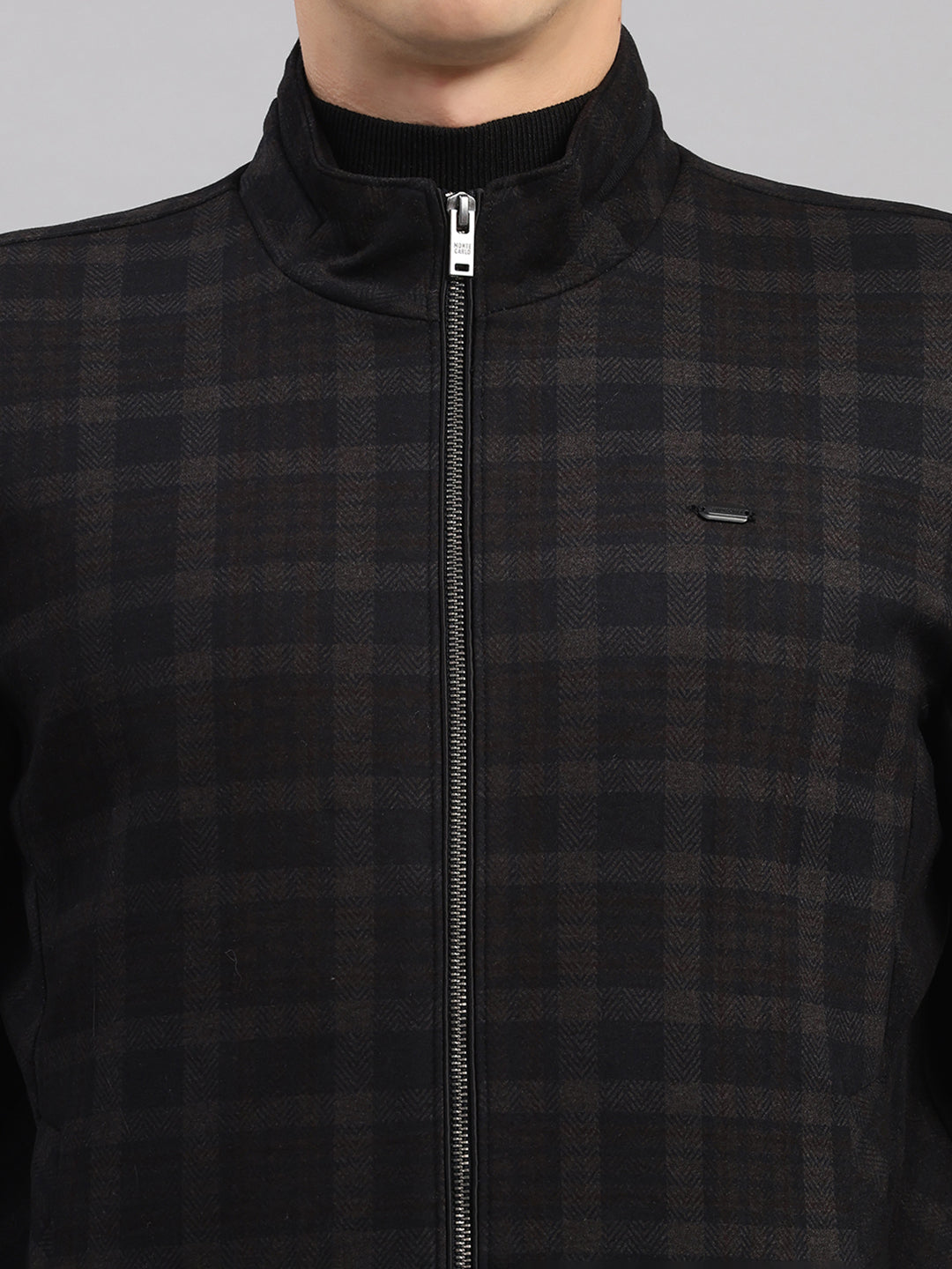 Men Navy Blue Check Mandarin Neck Full Sleeve Jacket