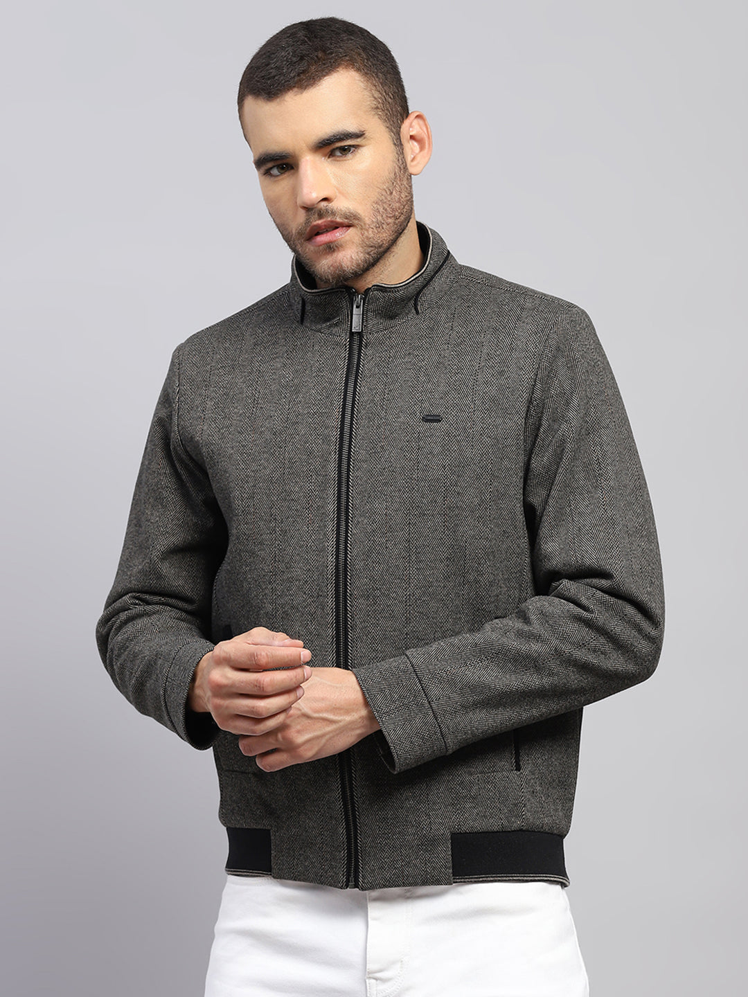 Men Brown Solid Stand Collar Full Sleeve Jacket