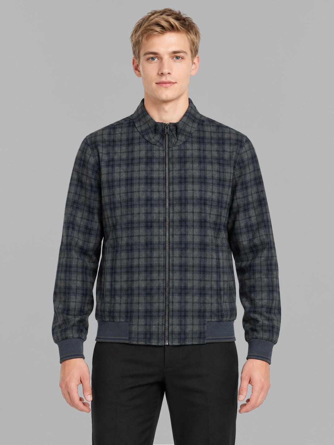 Men Blue Check Mock Neck Full Sleeve Jacket